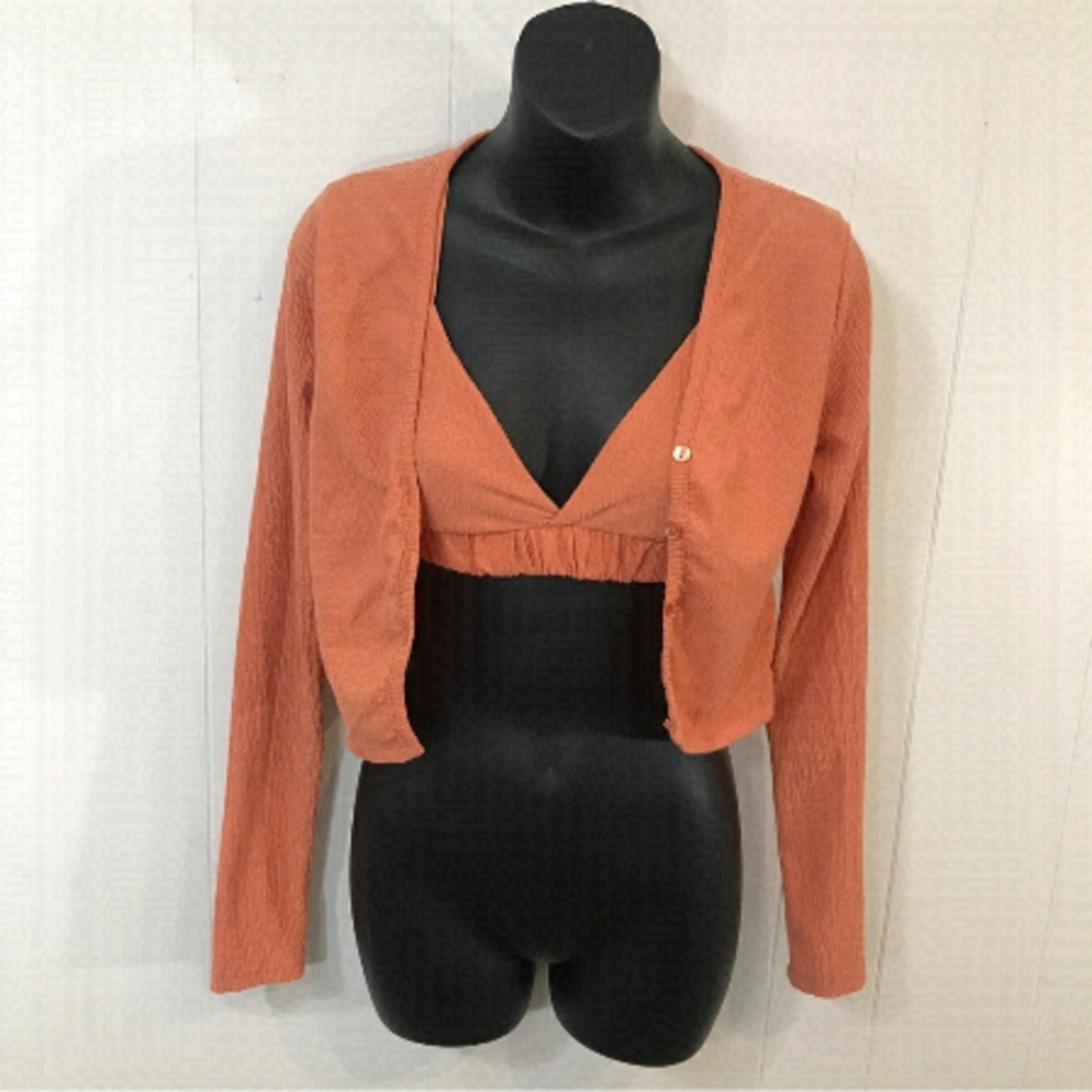 FOREVER 21 Orange 2 piece Crop Top Button up Shrug and Bralette Small